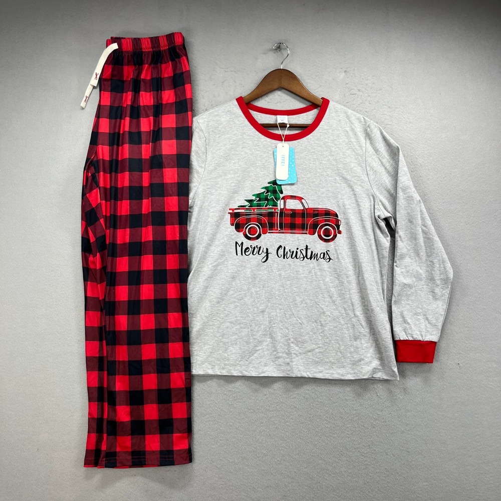 Christmas Pajama Set Woman XL Gray Red Buffalo Plaid Merry Truck Tree Holiday